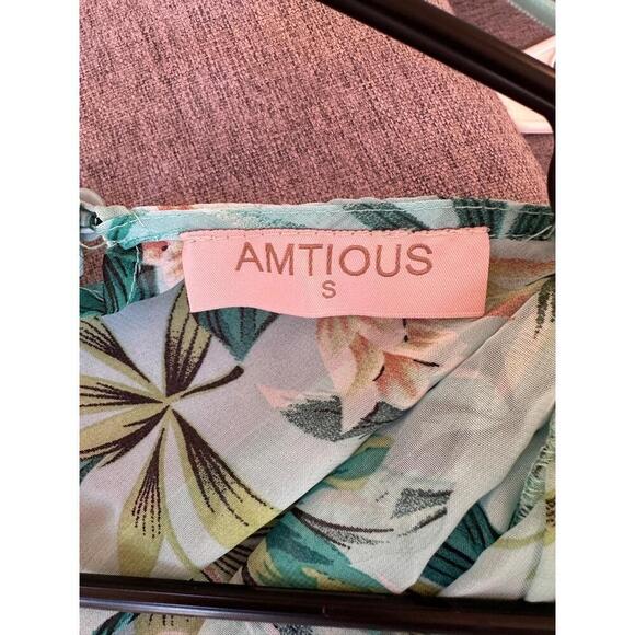 AMTIOUS Floral Print VNeck Short Sleeve Tie Waist Ruffled Maxi Dress Small - Picture 3 of 11